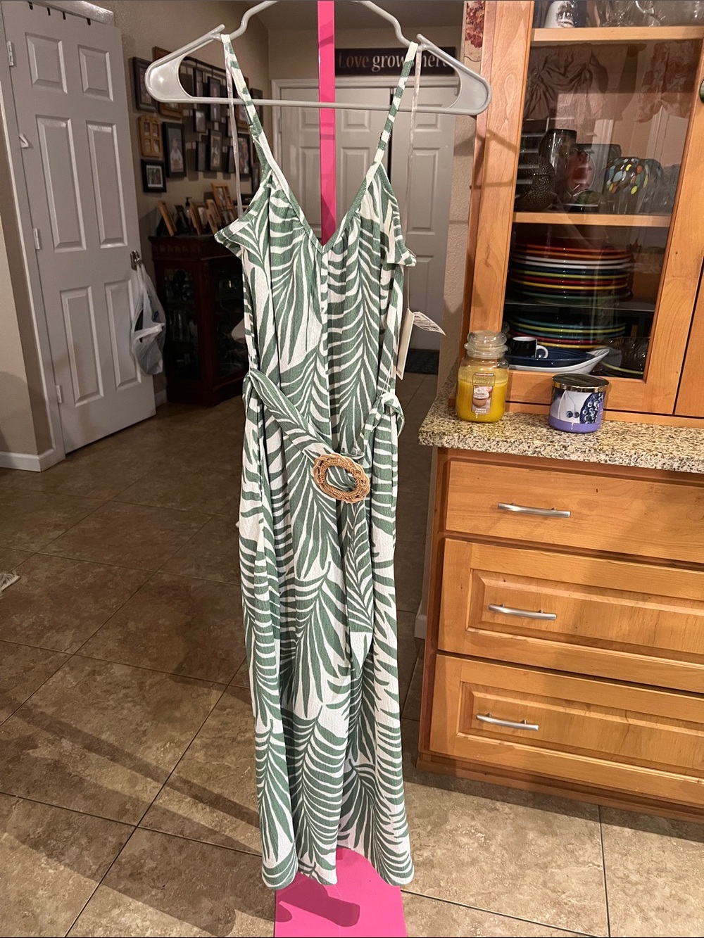 Green Palm-Print Maxi Jumpsuit with Tie Belt